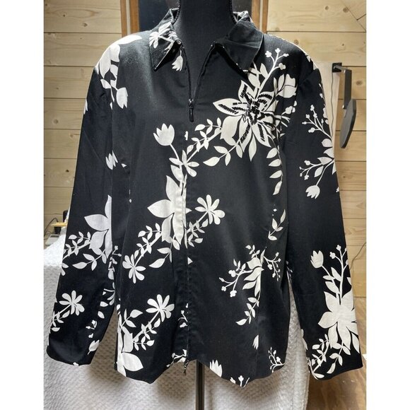 SUSAN GRAVER WOMENS LINED FLORAL BLACK WHITE ZIP BLAZER GLASS EMBROIDERY 1X - Picture 1 of 12
